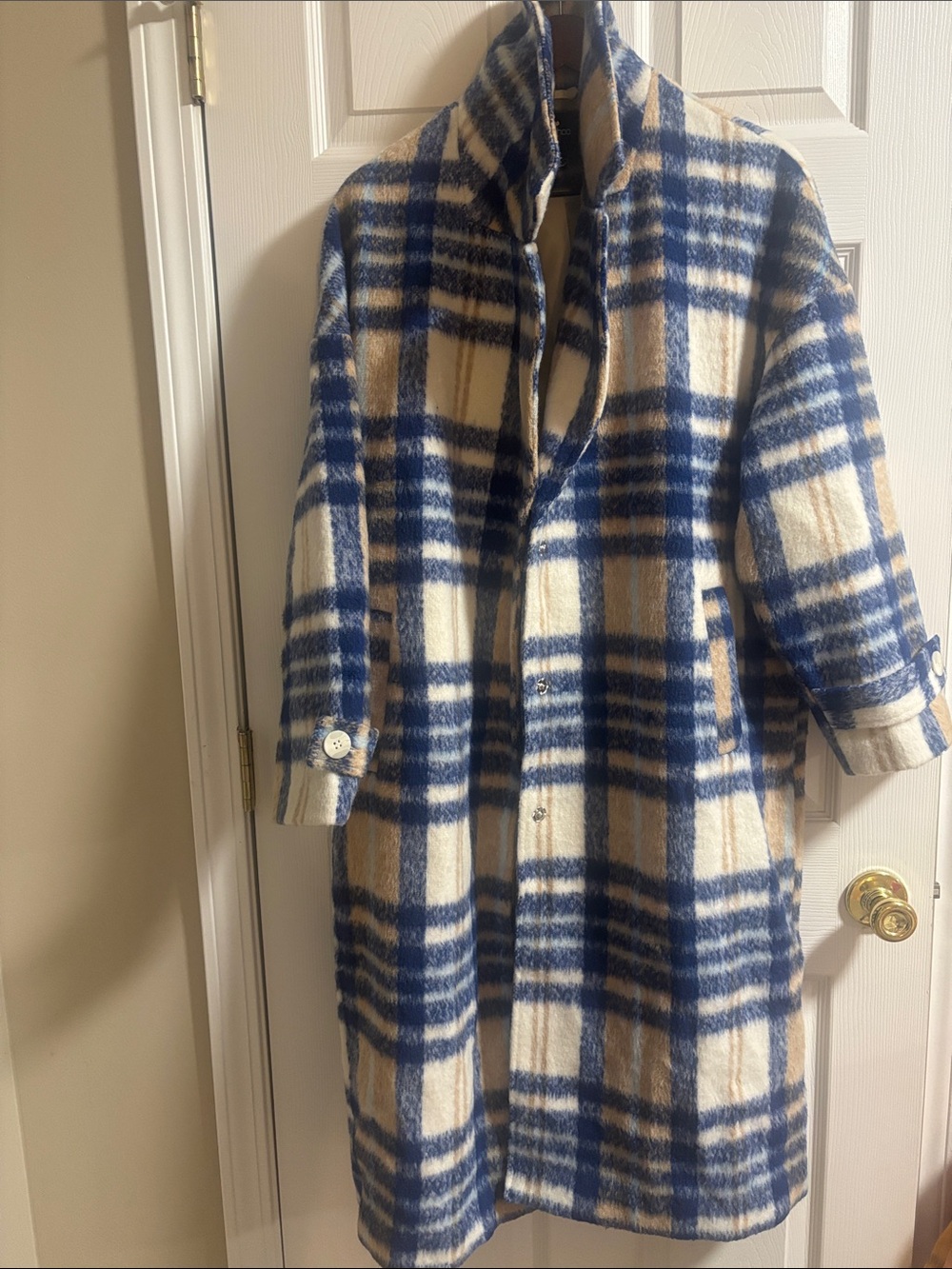 Women’s Blue and Cream Plaid Long Coat